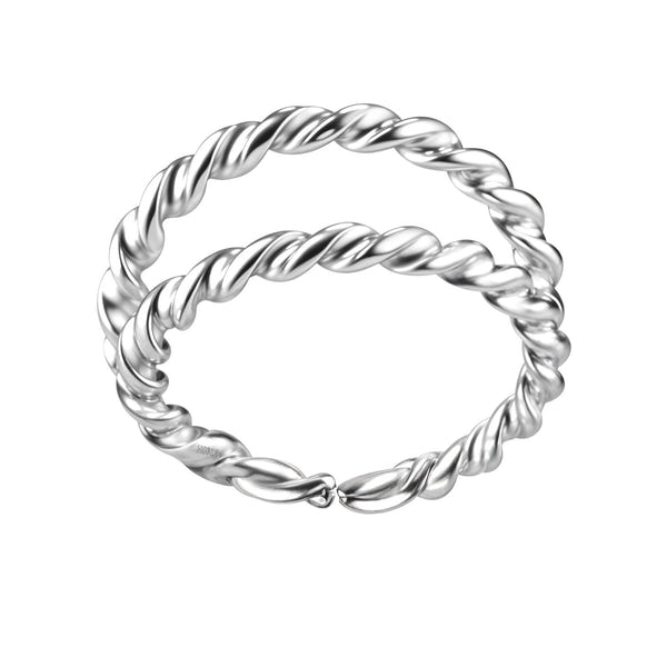 A double-banded nose ring with a twisted rope design, crafted from polished sterling silver and shown on a white background.