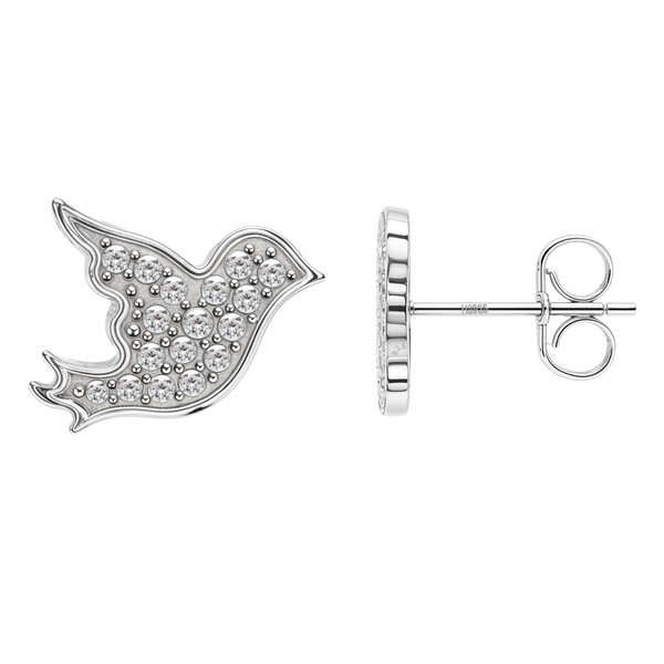A pair of sterling silver dove studs, one showing the front paved with American diamonds and the other showing the side profile and post.