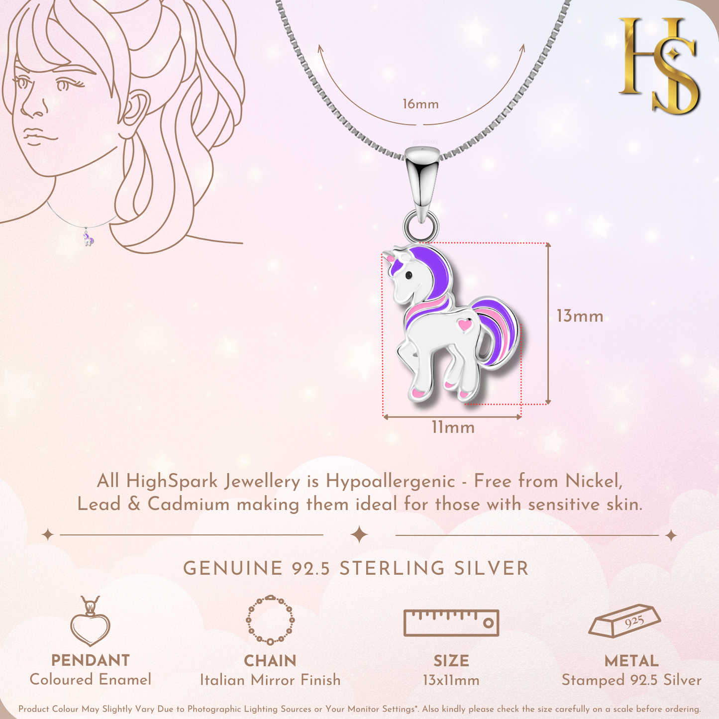 Dreamy Unicorn Cute Enamel Pendant in 925 Sterling Silver HighSpark