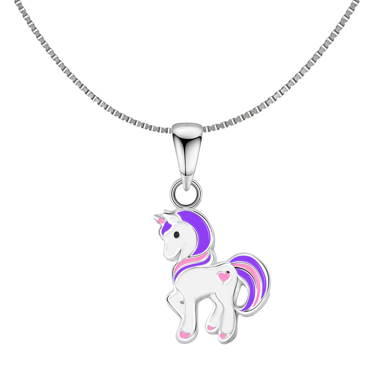 A unicorn pendant necklace with purple, pink, and white enamel detailing on a sterling silver box chain, shown on a white background.