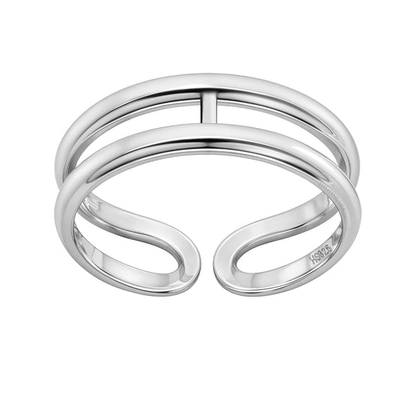 An adjustable sterling silver ring with a polished dual-line band design and an open cuff, shown on a white background.