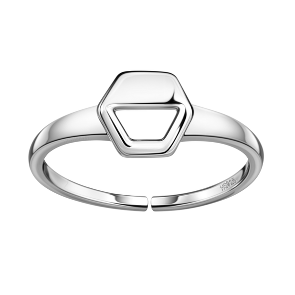 An adjustable ring with an open hexagon motif in polished sterling silver, shown on a plain white background.