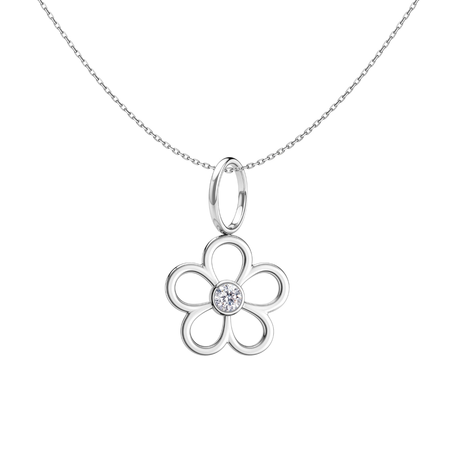 A sterling silver pendant necklace with an open-petal daisy flower and a bezel-set American diamond at its center on a plain white.