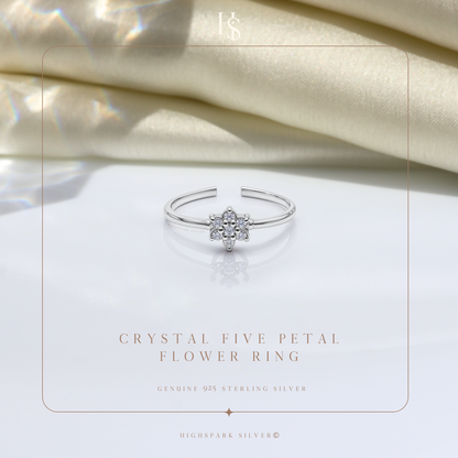 Elegant Five-Petal Blossom Solitaire Adjustable Ring in 92.5 Sterling Silver With Diamond like Brilliance Zirconia HighSpark