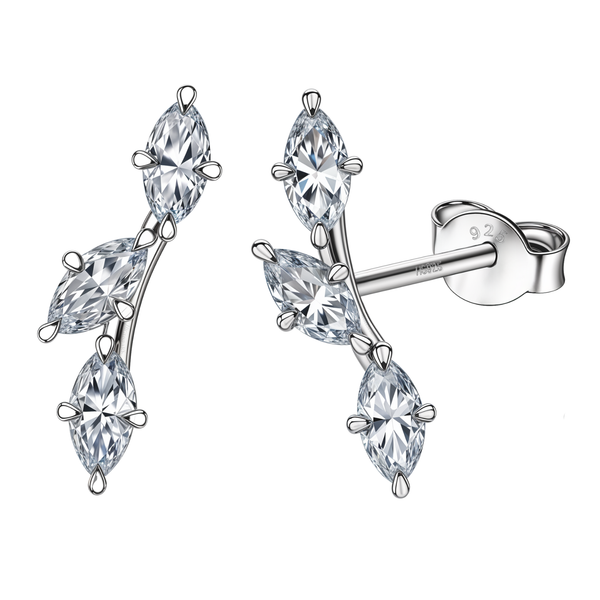 A pair of sterling silver stud earrings in a curved leaf spray design with three marquise-cut American diamonds in a four-prong setting.