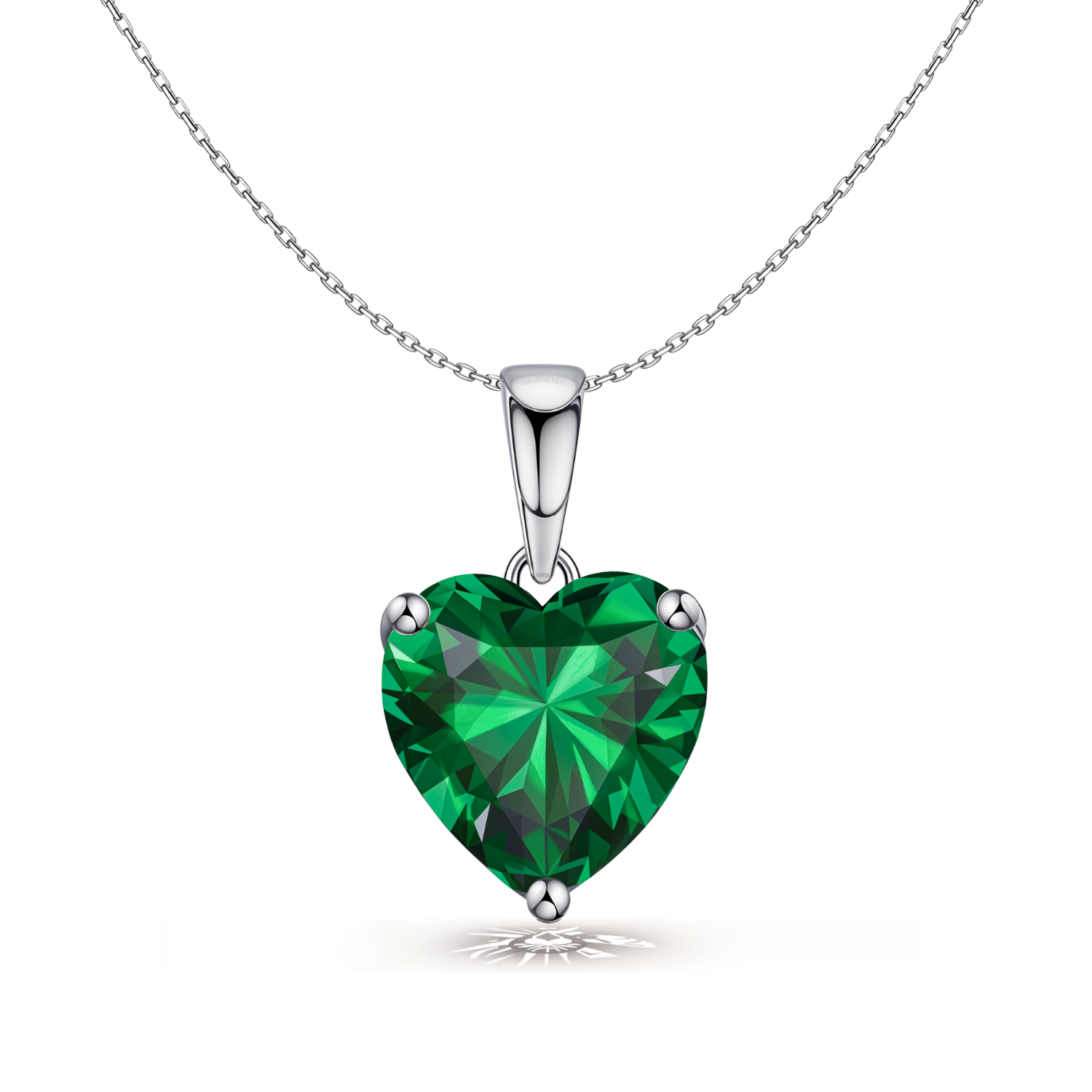 A solitaire pendant necklace with a large, heart-shaped emerald green stone in a three-prong setting on a sterling silver chain.