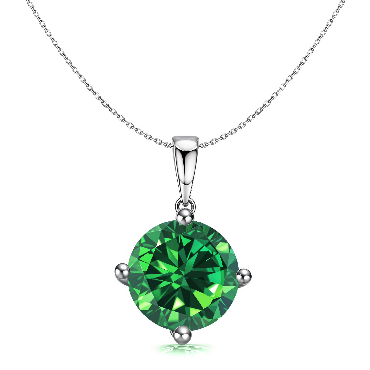 A solitaire pendant necklace with a round, brilliant-cut emerald green American diamond in a four-prong setting on a sterling silver chain.