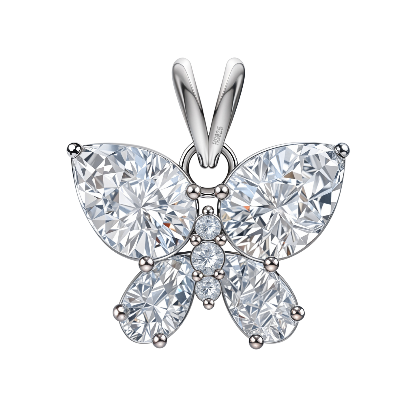 An enchanting butterfly pendant with pear and round-cut American diamonds in a prong setting.
