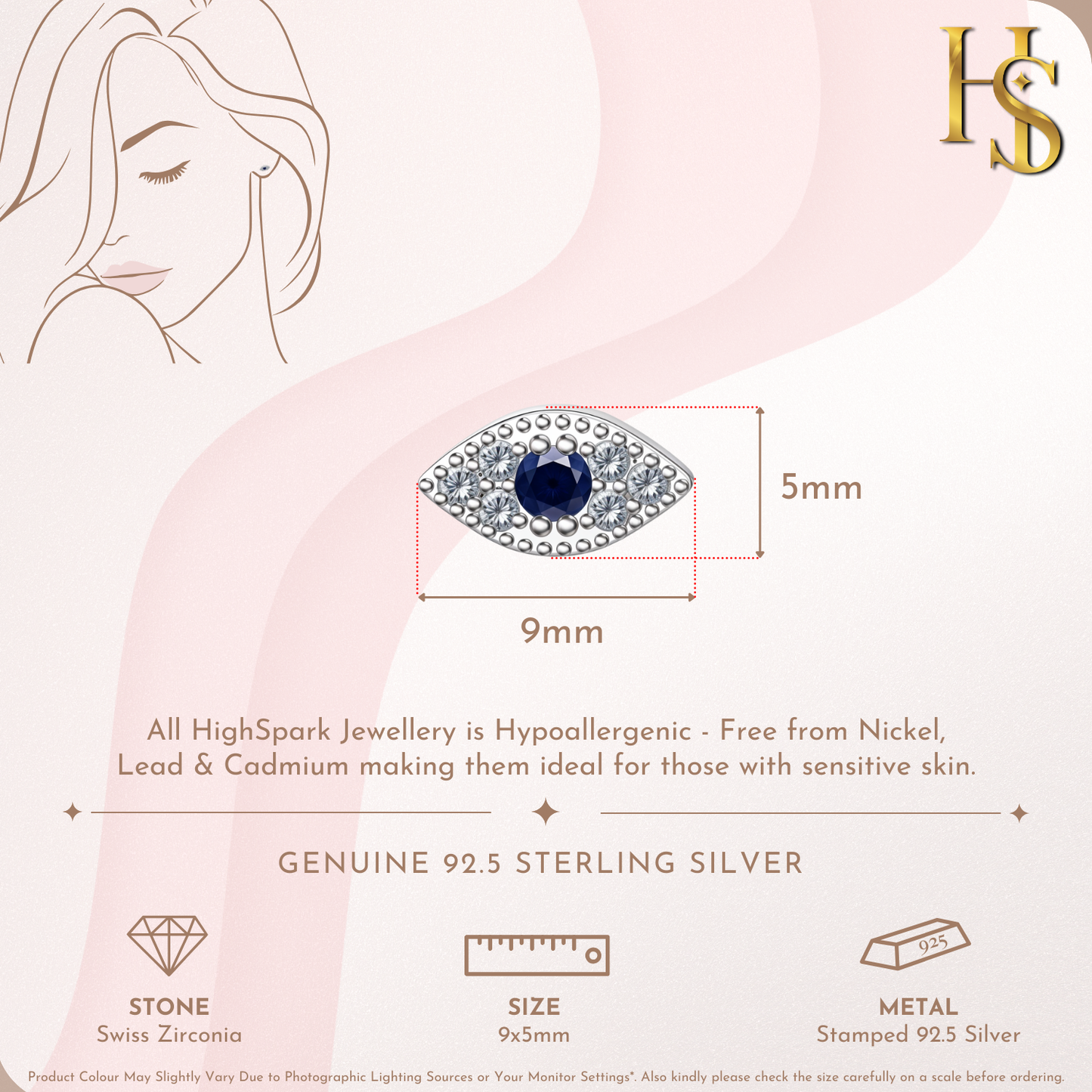 Infographic showing the dimensions of an evil eye stud earring with a central blue stone and American diamond accents in sterling silver.