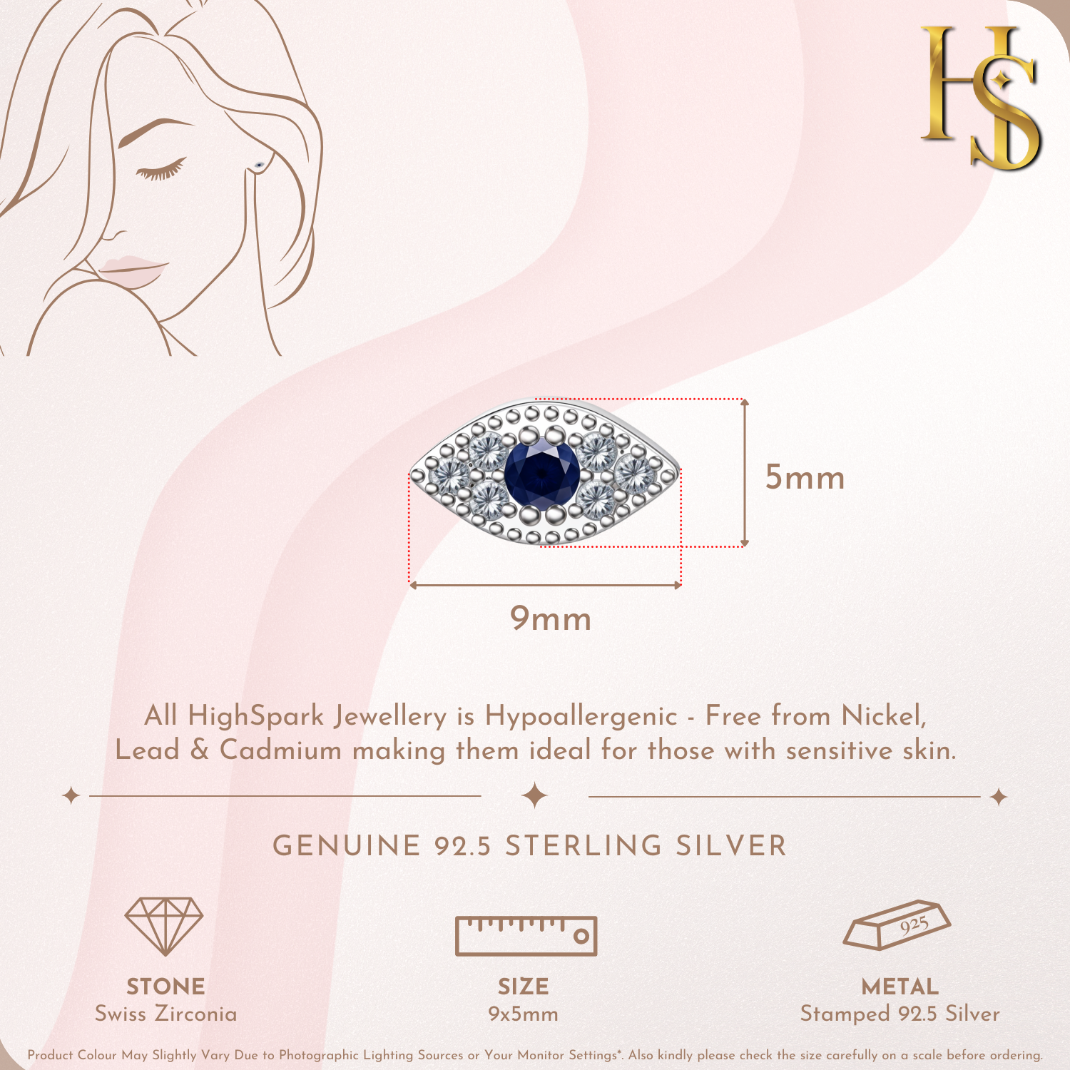 Infographic showing the dimensions of an evil eye stud earring with a central blue stone and American diamond accents in sterling silver.