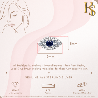 Infographic showing the dimensions of an evil eye stud earring with a central blue stone and American diamond accents in sterling silver.