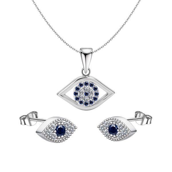 An evil eye pendant necklace and stud earring set with blue and clear American diamonds in sterling silver, shown on a white background.