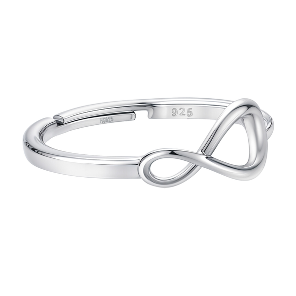 An adjustable sterling silver ring with a polished finish featuring a classic infinity symbol motif, shown on a white background.