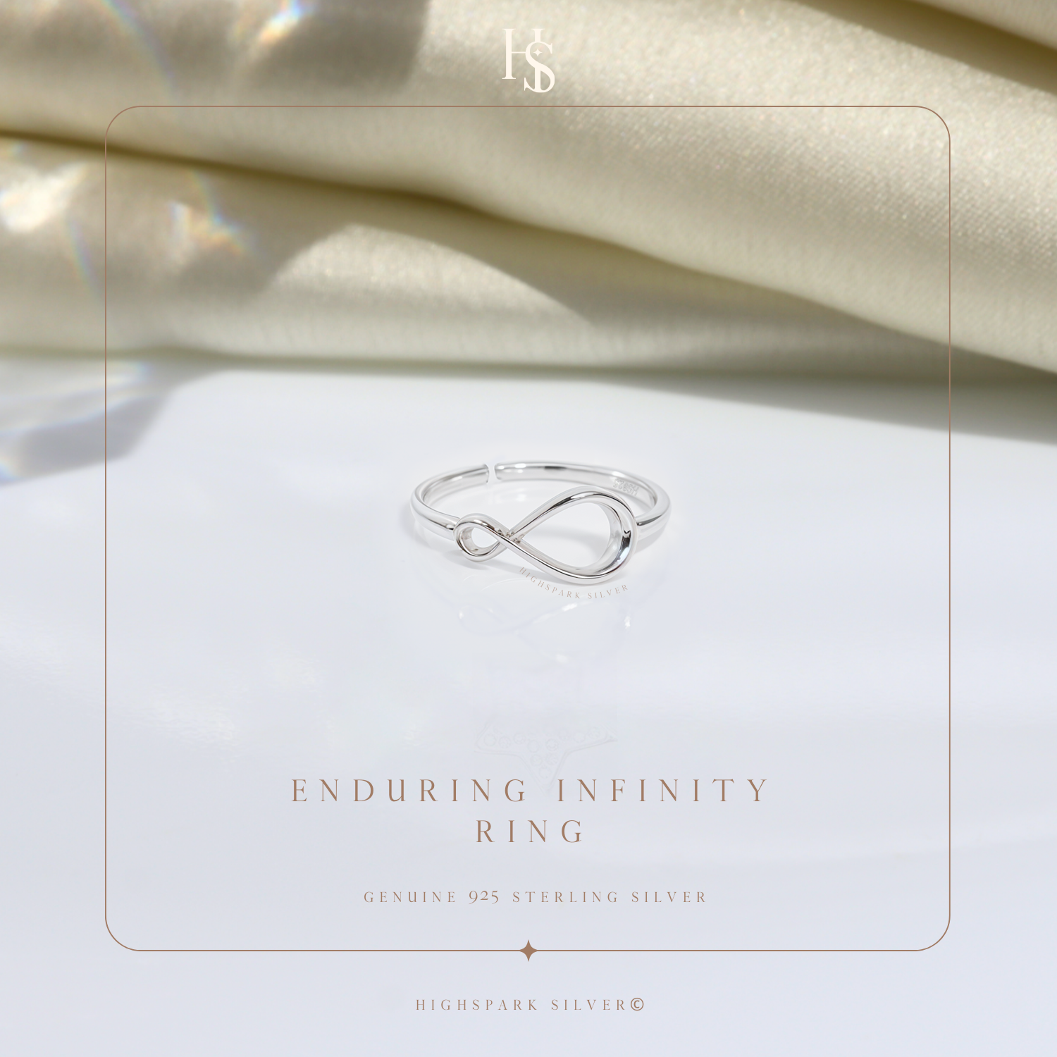 An adjustable sterling silver ring with an infinity symbol motif.