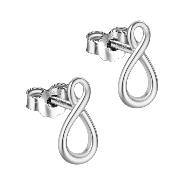 A pair of infinity symbol stud earrings in polished sterling silver with push-back closures on a white background.