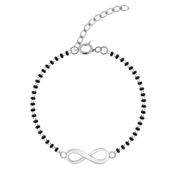 A sterling silver mangalsutra bracelet with an infinity symbol centerpiece and traditional black beads on a plain white background.