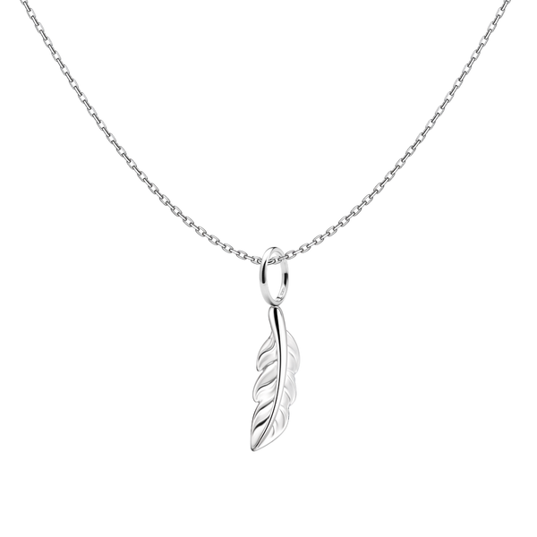 An ethereal feather pendant with carved details hangs from a delicate chain, all crafted in polished sterling silver on a white background.