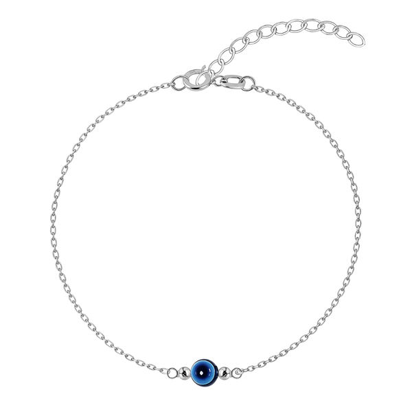 An evil eye anklet with a central blue bead on a delicate sterling silver chain, shown on a white background.