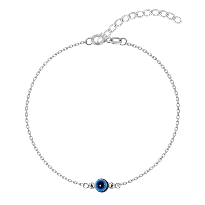 An evil eye anklet with a central blue bead on a delicate sterling silver chain, shown on a white background.