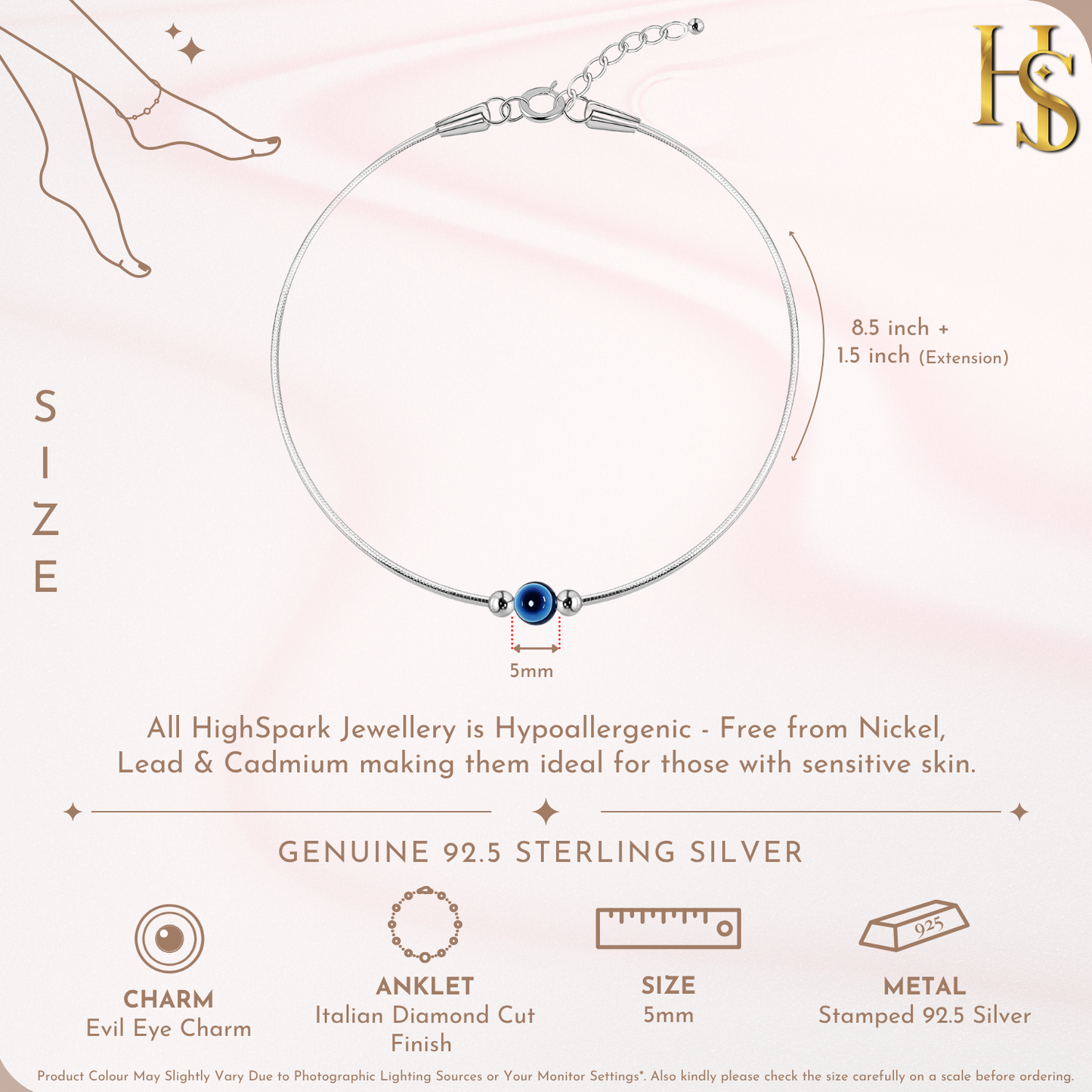 Infographic showing the features of a sterling silver snake chain anklet with a central blue evil eye charm.