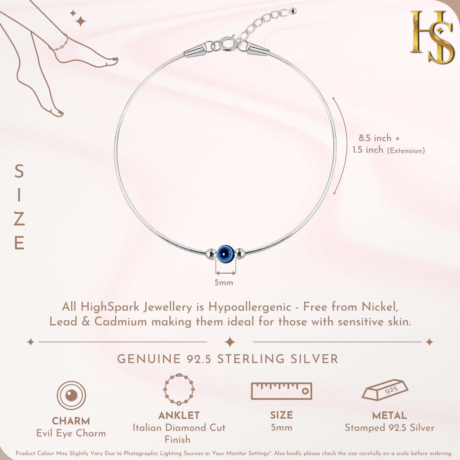 Infographic showing the features of a sterling silver snake chain anklet with a central blue evil eye charm.