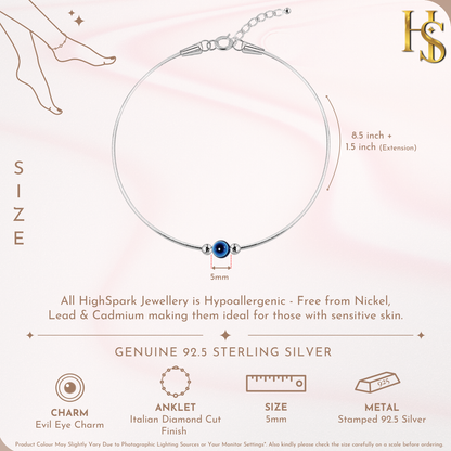 Infographic showing the features of a sterling silver snake chain anklet with a central blue evil eye charm.