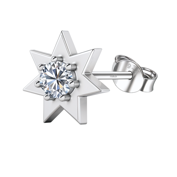 A single stud earring in a six-pointed star shape with a round American diamond in a six-prong setting, made of sterling silver.