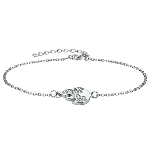 A 925 sterling silver bracelet features a central fire charm pavé-set with tiny American diamonds, shown on a white background.