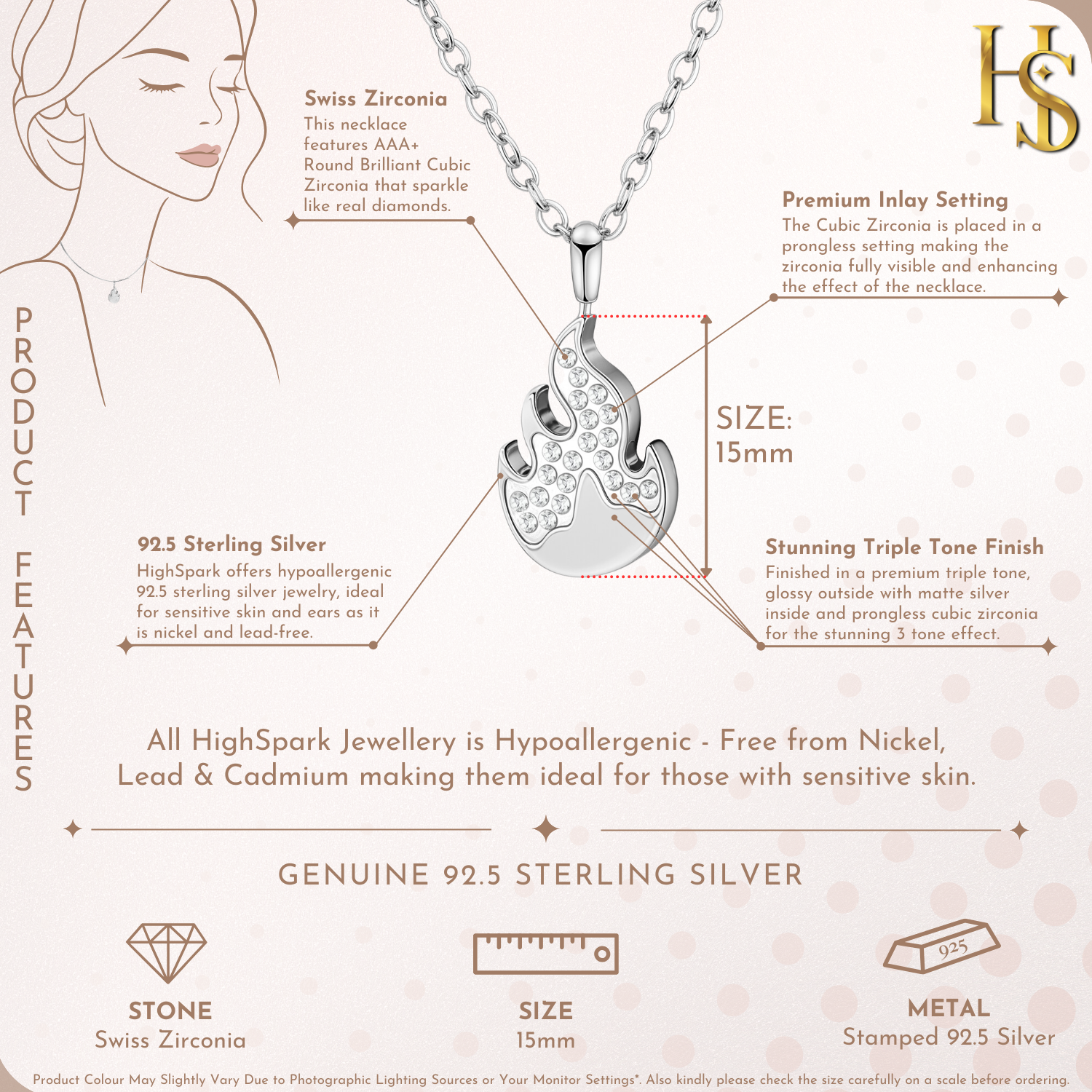 Flame Charm Pendant & Chain in 925 Sterling Silver for Women With Diamond like Brilliance Zirconia HighSpark