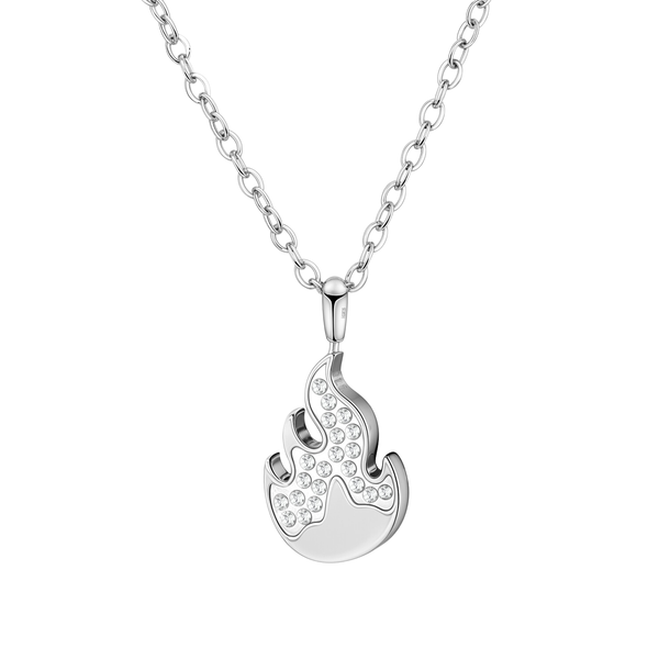 A sterling silver pendant necklace with a flame-shaped charm, half-pave-set with American diamonds, on a plain white background.