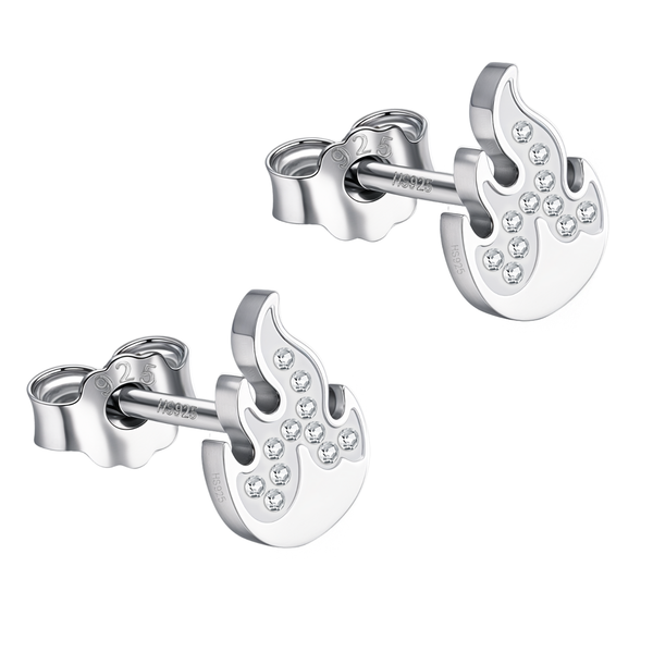 A pair of stud earrings in a flame motif, pavé-set with tiny American diamonds in sterling silver, shown on a white background.