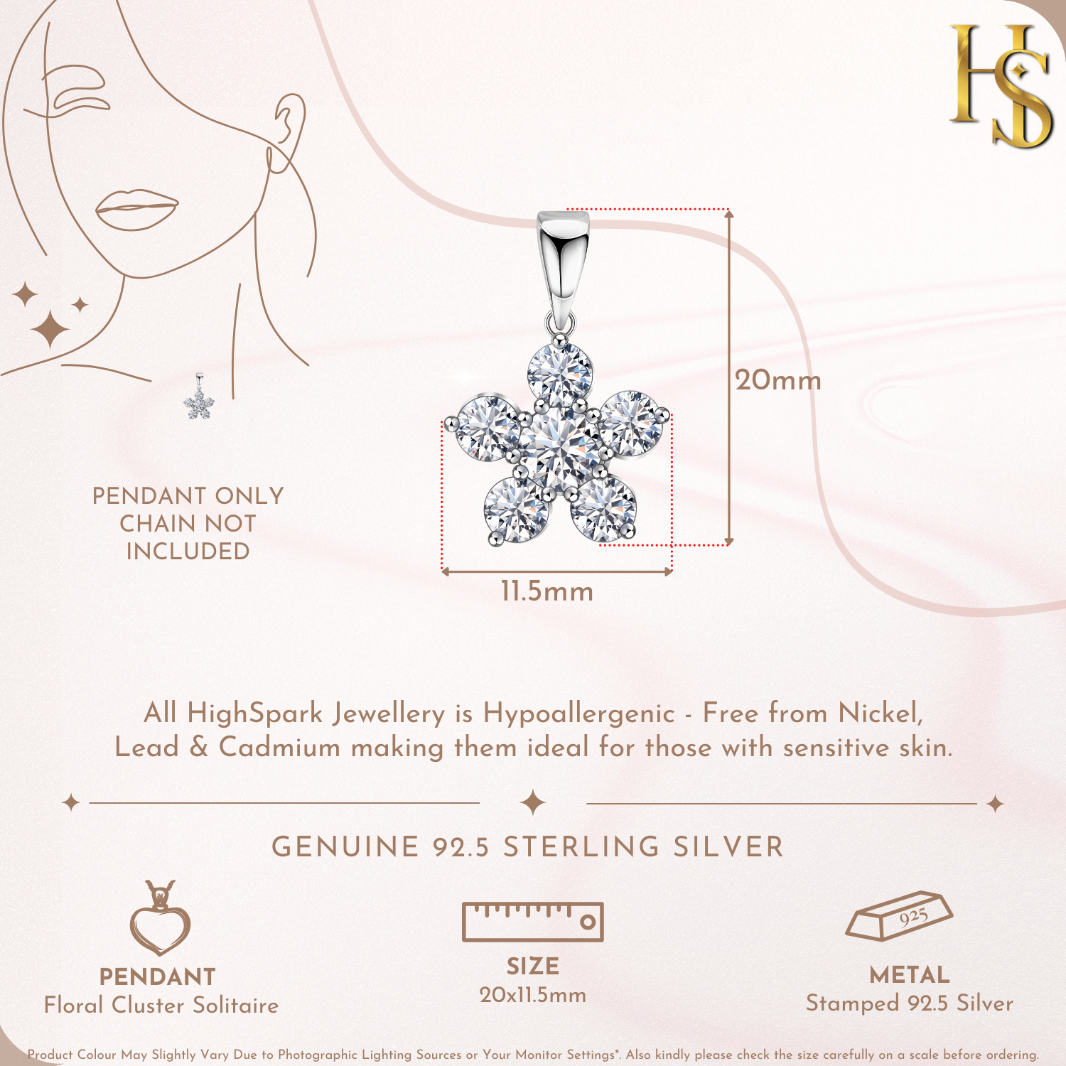 Floral Cluster Solitaire Pendant in 92.5 Sterling Silver With Diamond like Brilliance Sparkling Zirconia HighSpark