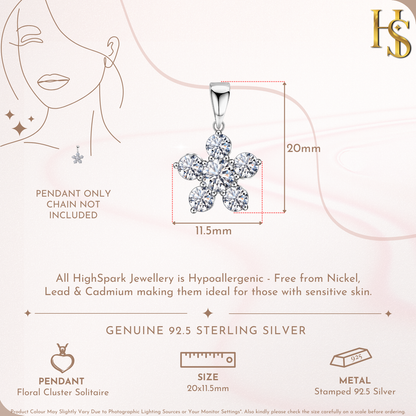 Floral Cluster Solitaire Pendant in 92.5 Sterling Silver With Diamond like Brilliance Sparkling Zirconia HighSpark