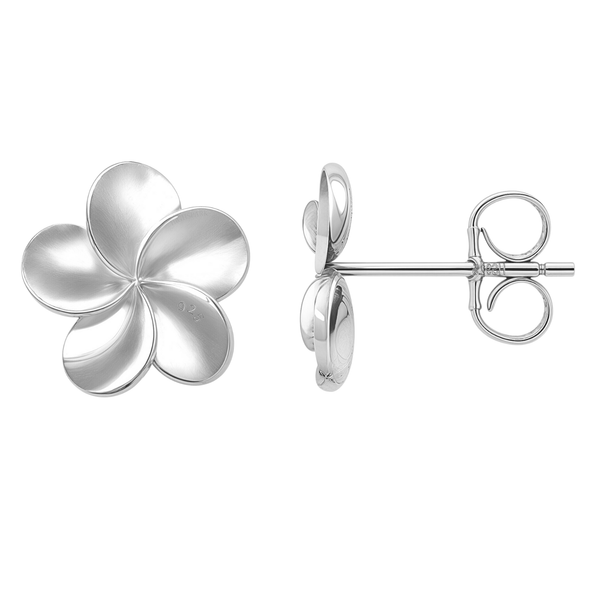 A pair of sterling silver stud earrings in a five-petal plumeria flower shape with a brushed finish, shown on a white background.