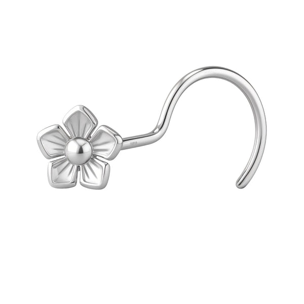 A flower-shaped nose pin for women with a curved screw back, crafted from high-polish sterling silver and shown on a white background.