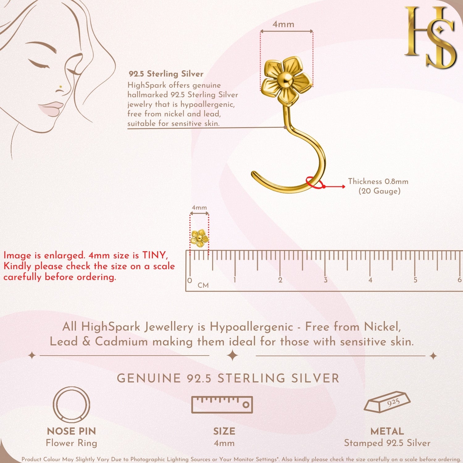 Flower Bloom Nose Ring in 925 Sterling Silver with 18k Gold Finish For Women HighSpark