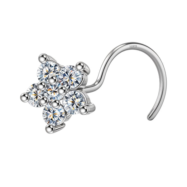 A sterling silver nose pin in a flower shape with five round American diamonds in a prong setting, shown on a white background.