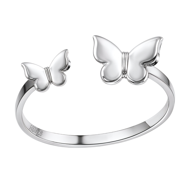 An adjustable sterling silver ring with a polished finish featuring a large and small butterfly motif on an open band.