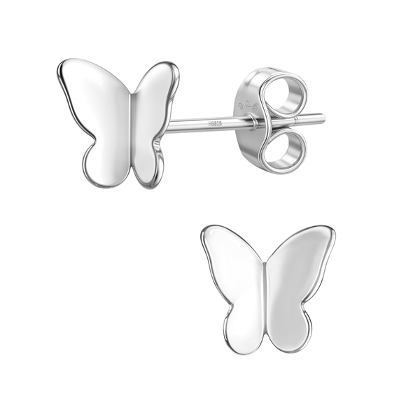 A pair of stud earrings in a simple butterfly shape, crafted from polished sterling silver with a push-back closure on a white background.