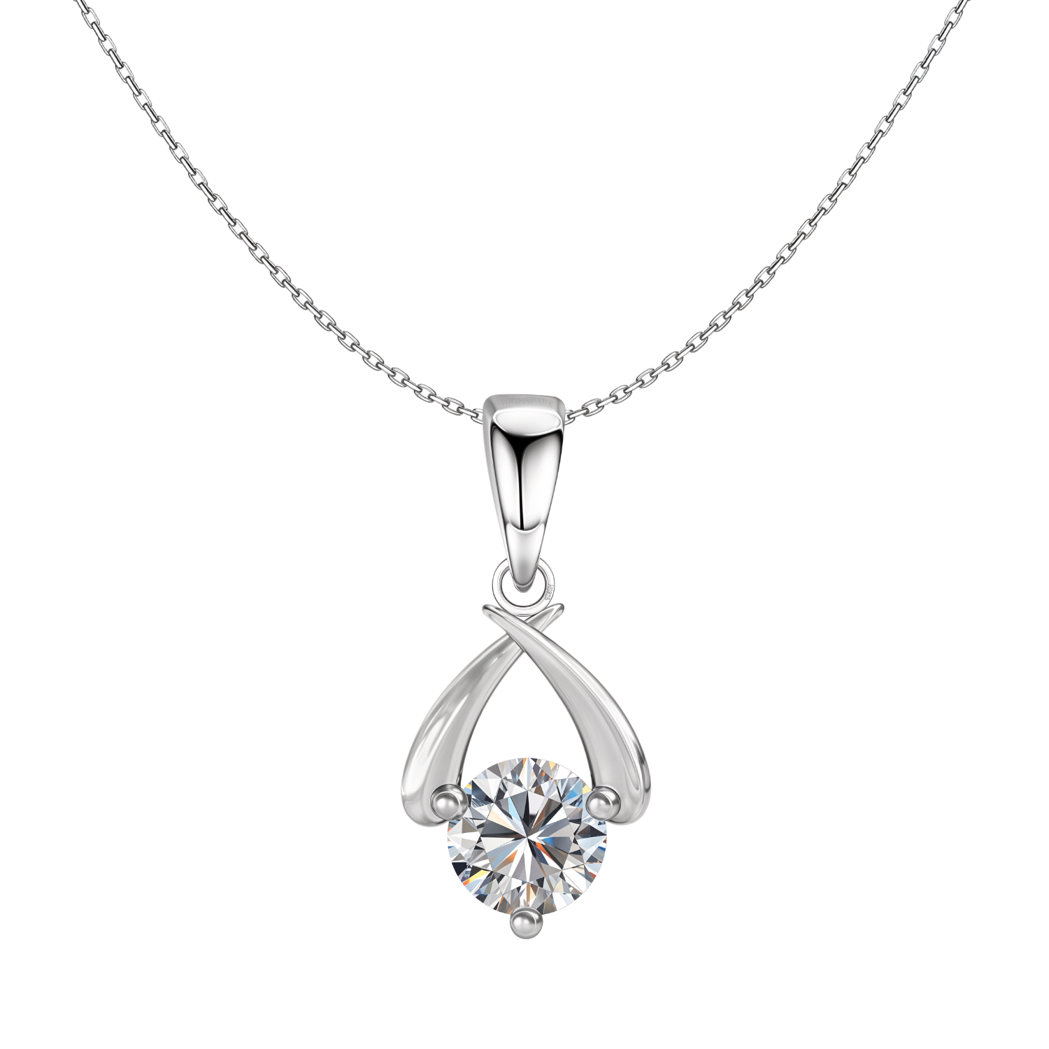 A sterling silver pendant necklace with a round-cut American diamond held in a four-prong crossover setting on a plain white background.