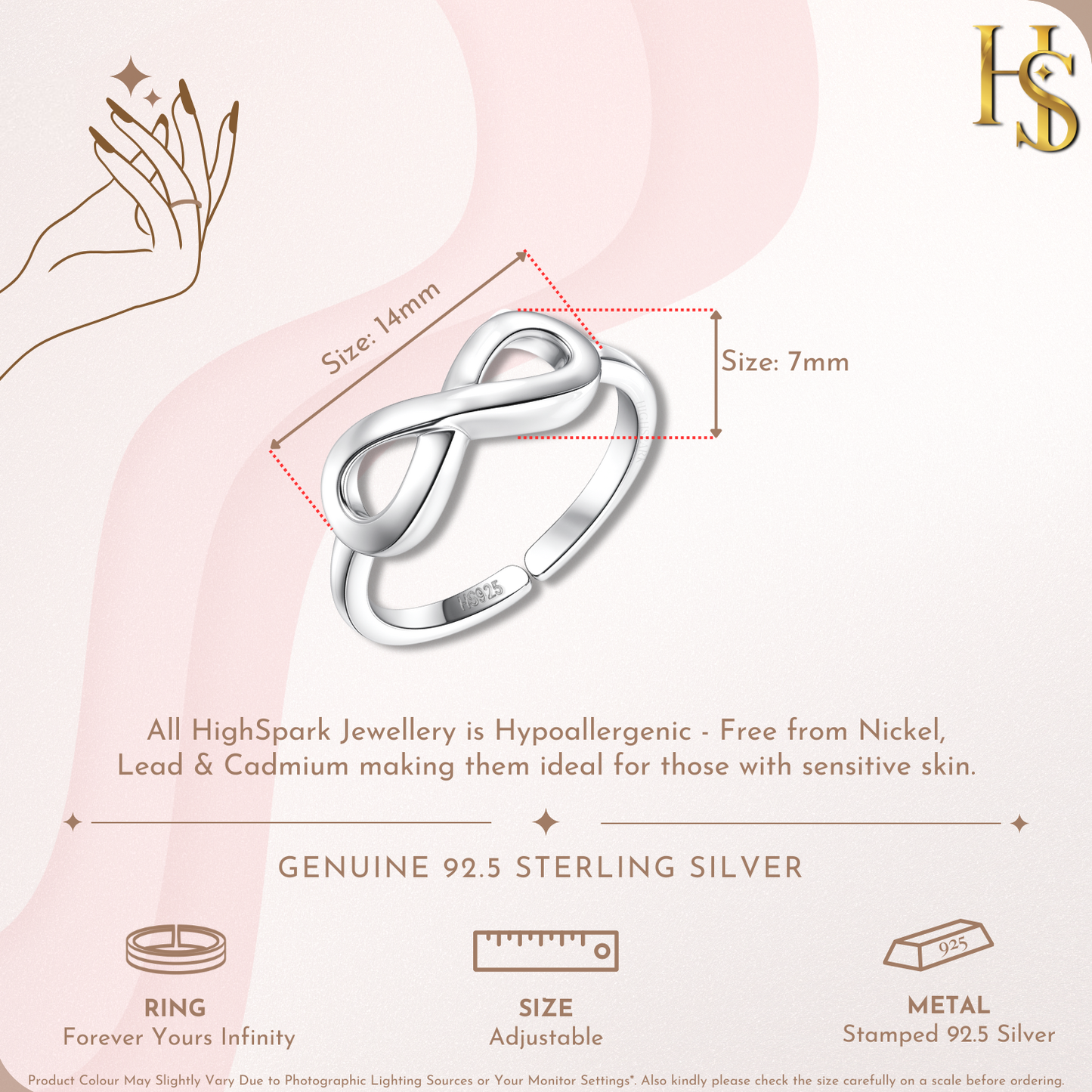 An infographic showing the dimensions of an infinity-shaped sterling silver ring, which measures 14mm by 7mm and is adjustable.