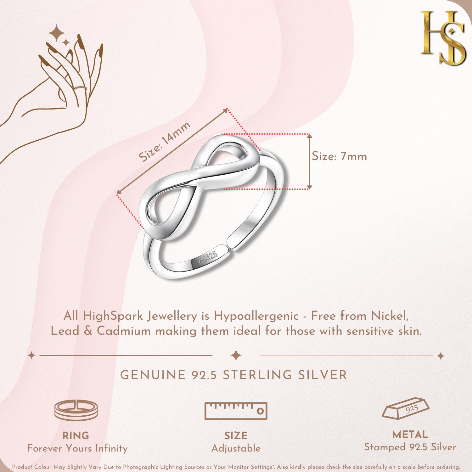 An infographic showing the dimensions of an infinity-shaped sterling silver ring, which measures 14mm by 7mm and is adjustable.