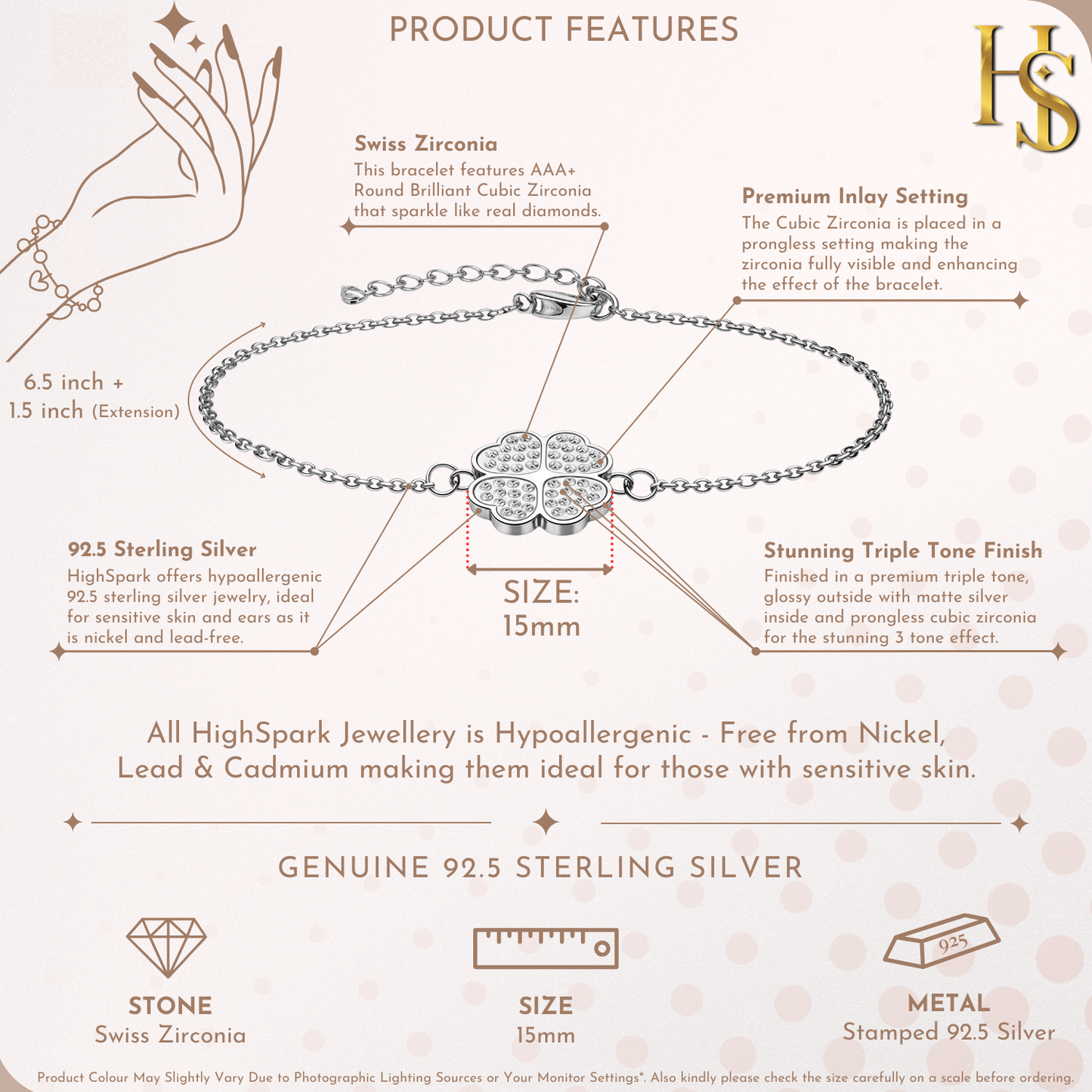 Infographic showing the features of a sterling silver bracelet with a four-leaf clover charm paved with American diamonds.