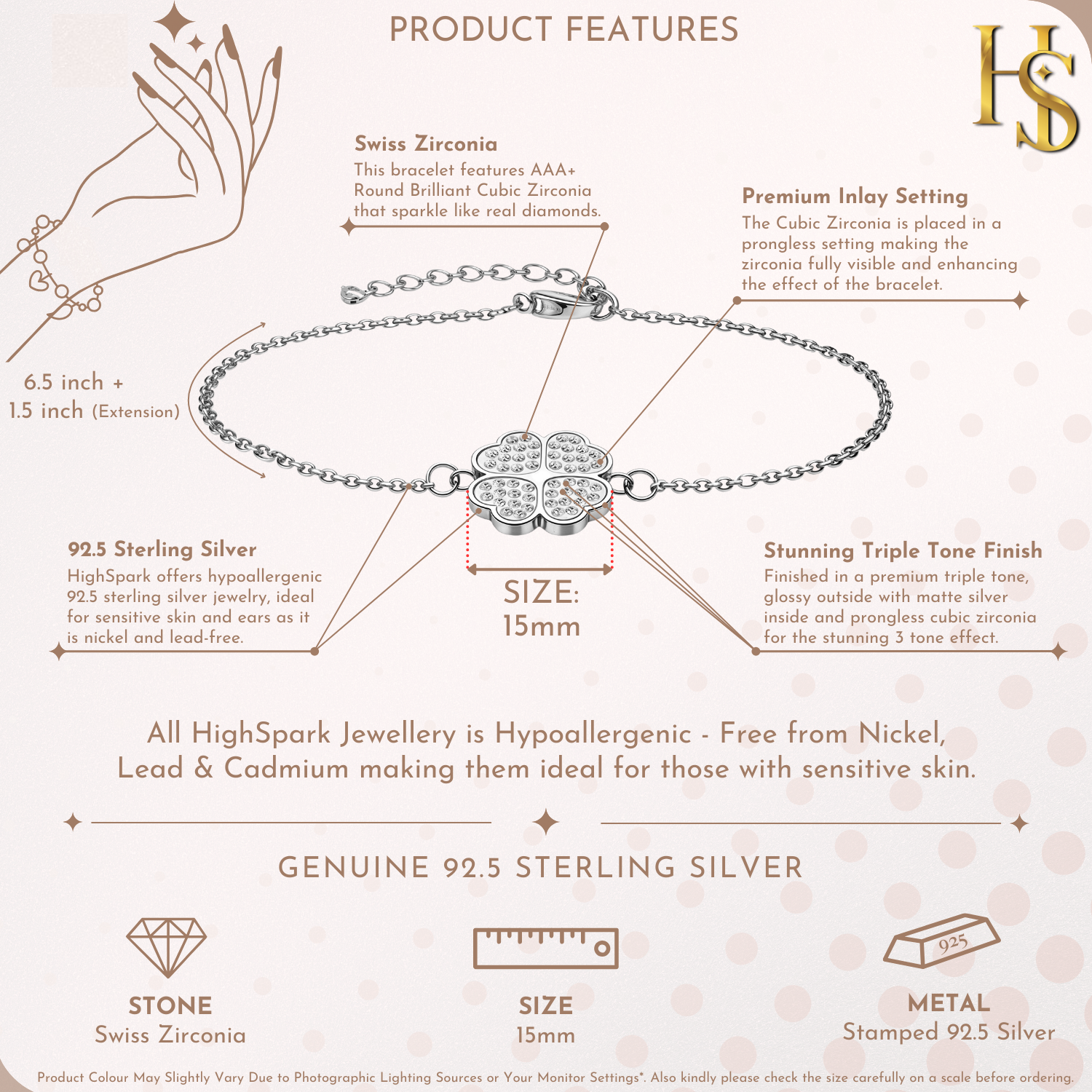 Infographic showing the features of a sterling silver bracelet with a four-leaf clover charm paved with American diamonds.