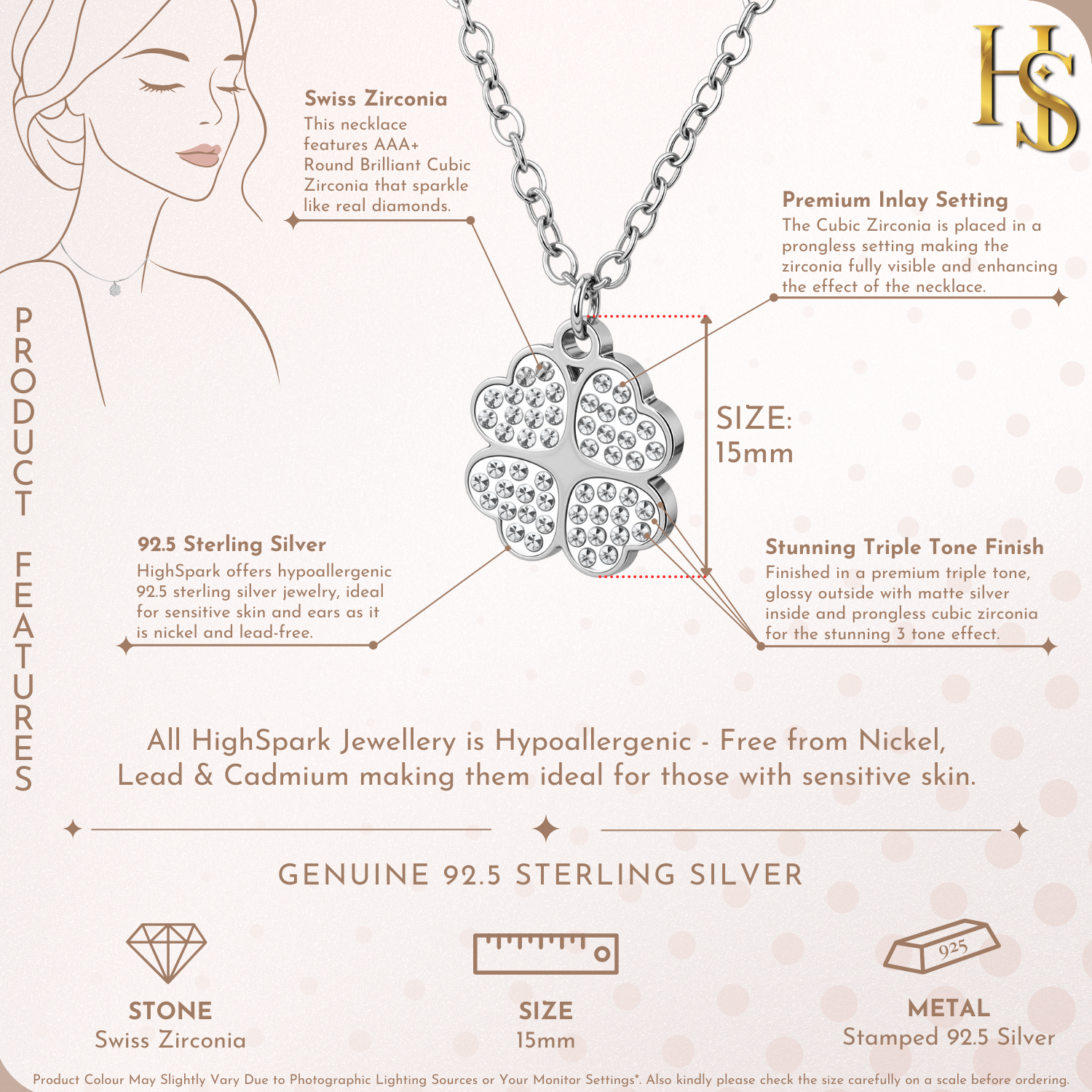 Four Leaf Clover Pendant & Chain in 925 Sterling Silver for Women With Diamond like Brilliance Zirconia HighSpark