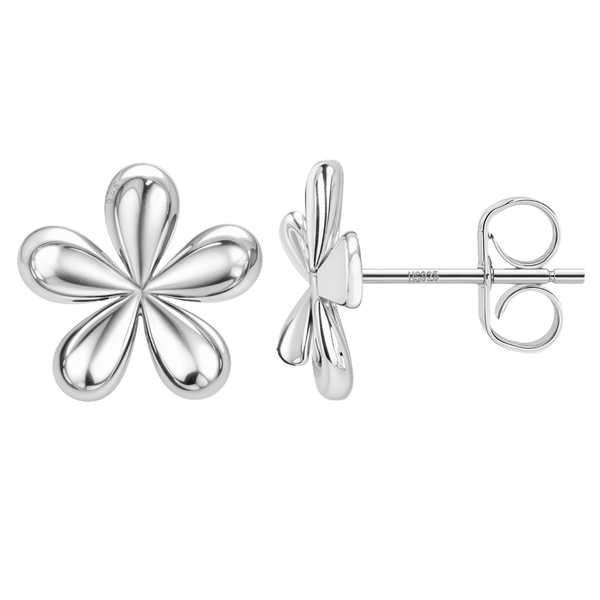 A pair of stud earrings shaped like frangipani flowers with five puffy petals, crafted from polished sterling silver on a white background.