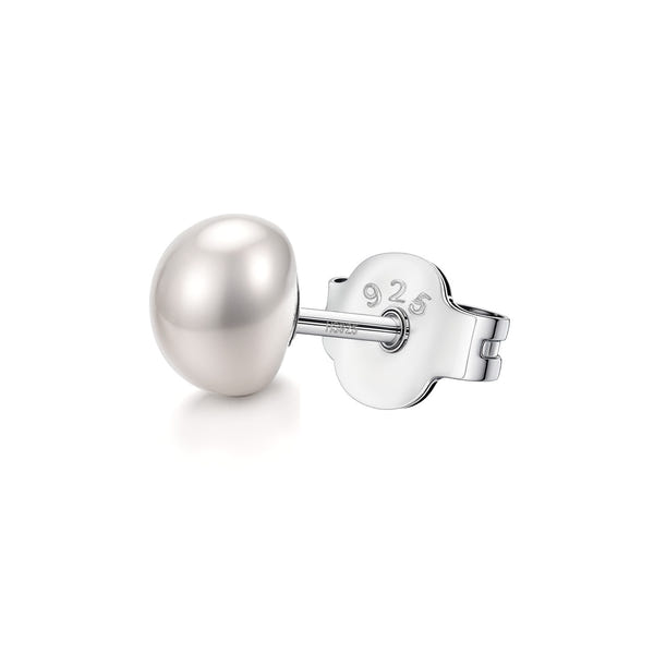A single 5mm pearl stud earring with a lustrous white freshwater pearl set in polished 925 sterling silver, shown on a white background.