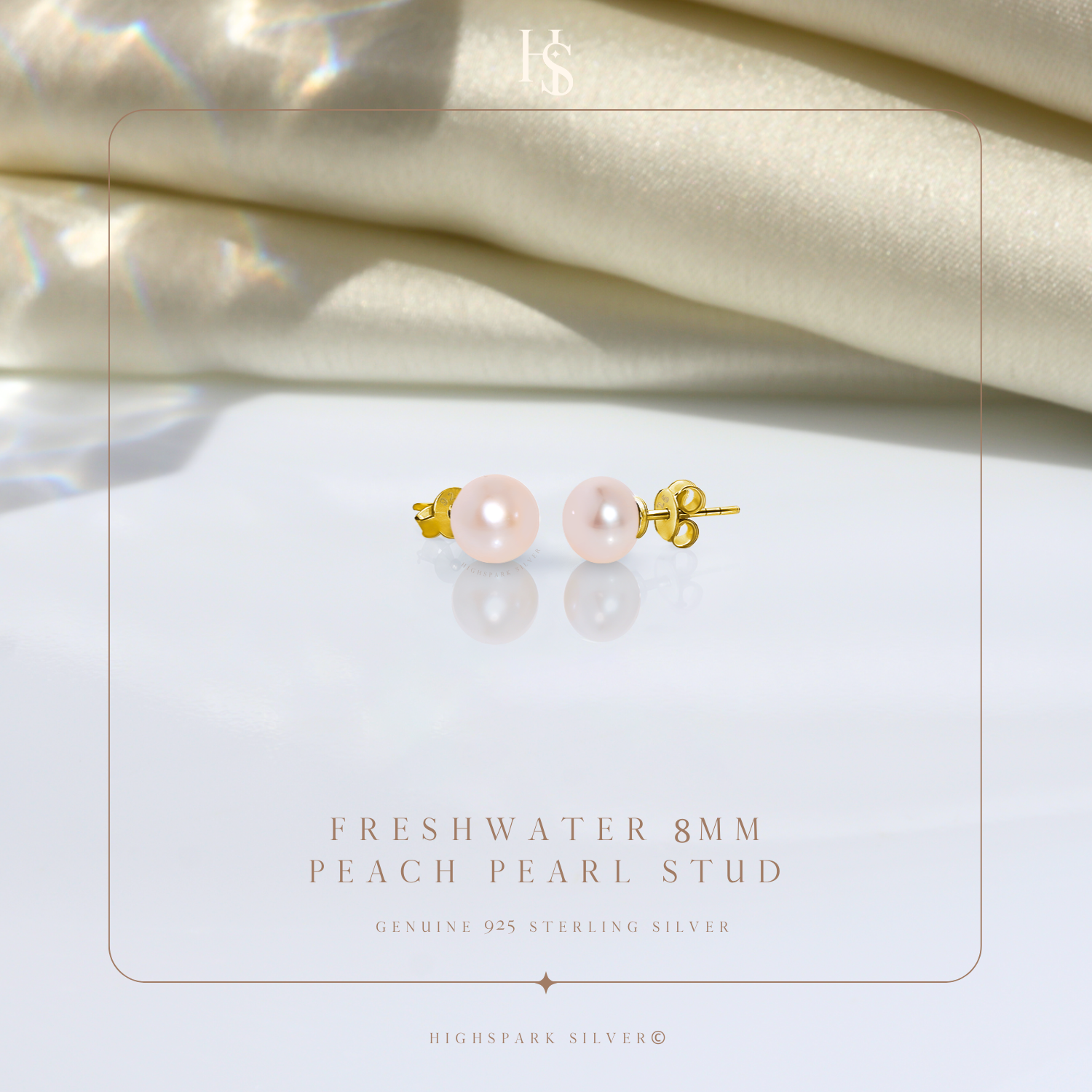 Freshwater Button Pearl 8MM Peach in 925 Sterling Silver with 18k Gold Finish For Women HighSpark