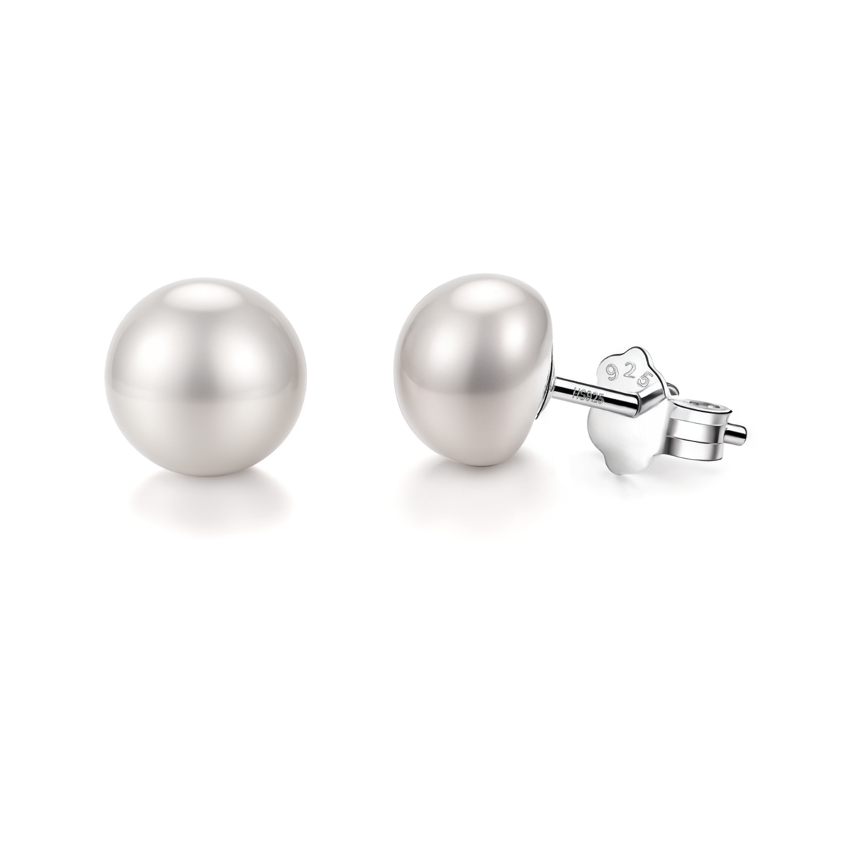 A pair of classic button pearl stud earrings with a push-back closure in sterling silver, shown on a plain white background.