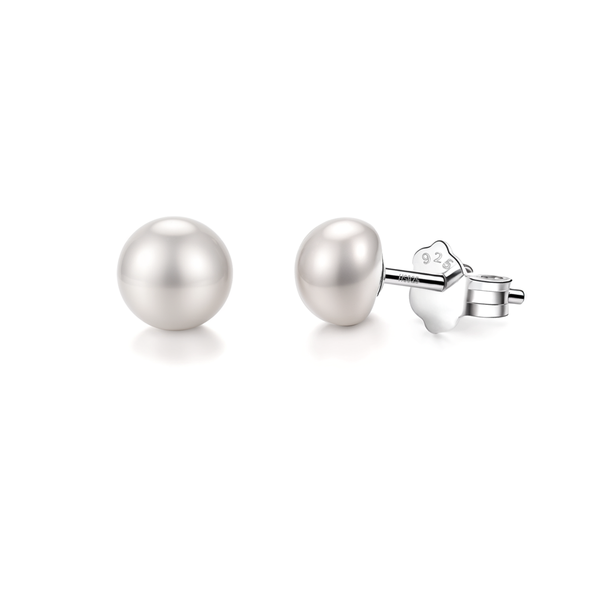 A pair of classic stud earrings with round white freshwater pearls set in sterling silver, shown on a plain white background.
